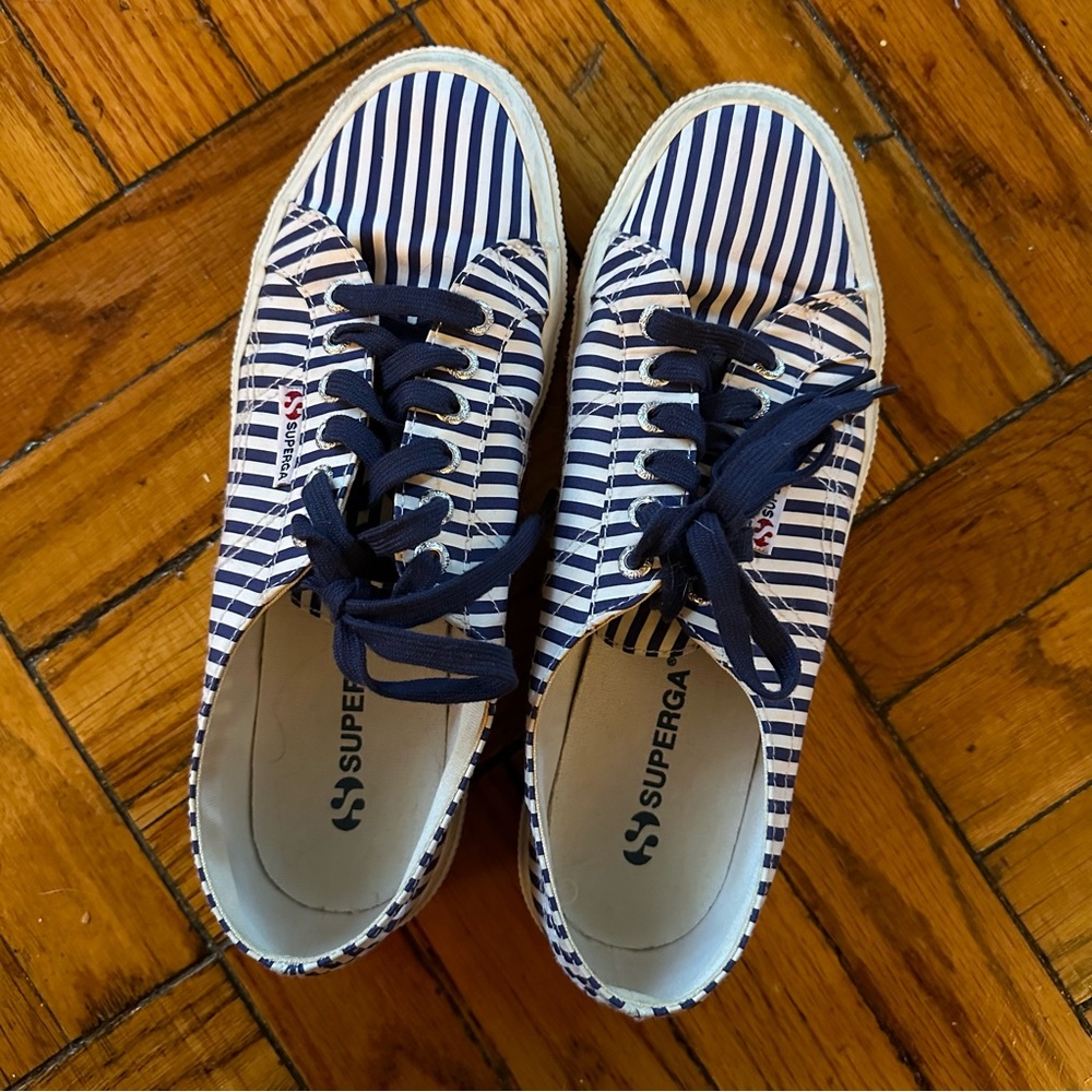Superga Blue & White striped sneaker with matching laces.